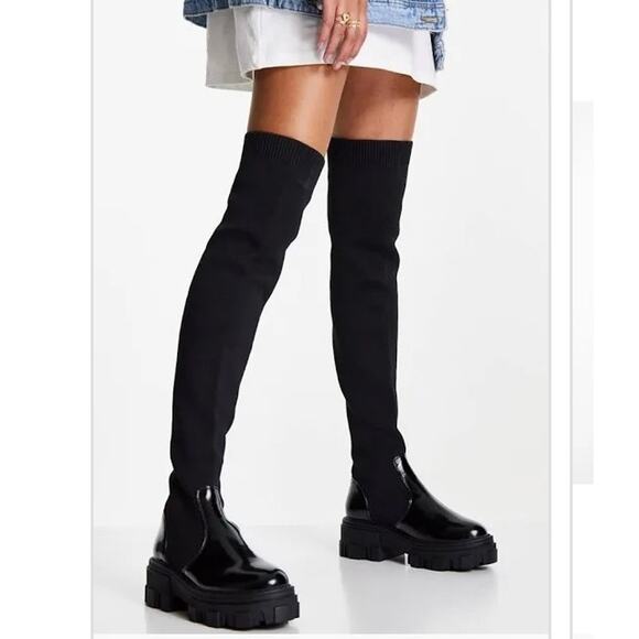 NWOT ASOS DESIGN Kimmy flat chunky over the knee boots 28” tall in black size 11 - Picture 3 of 12